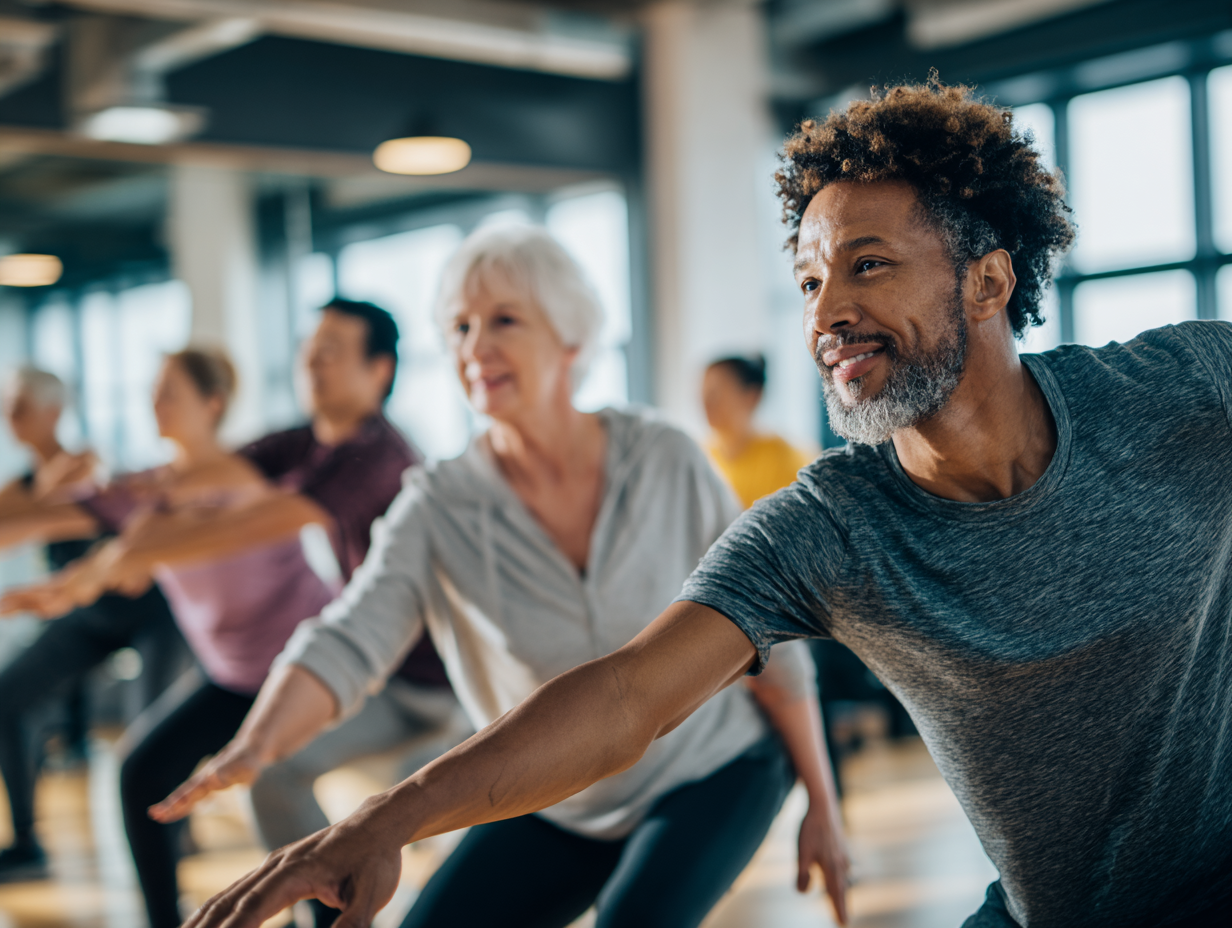 Grup divers de persoane participând la activități de fitness